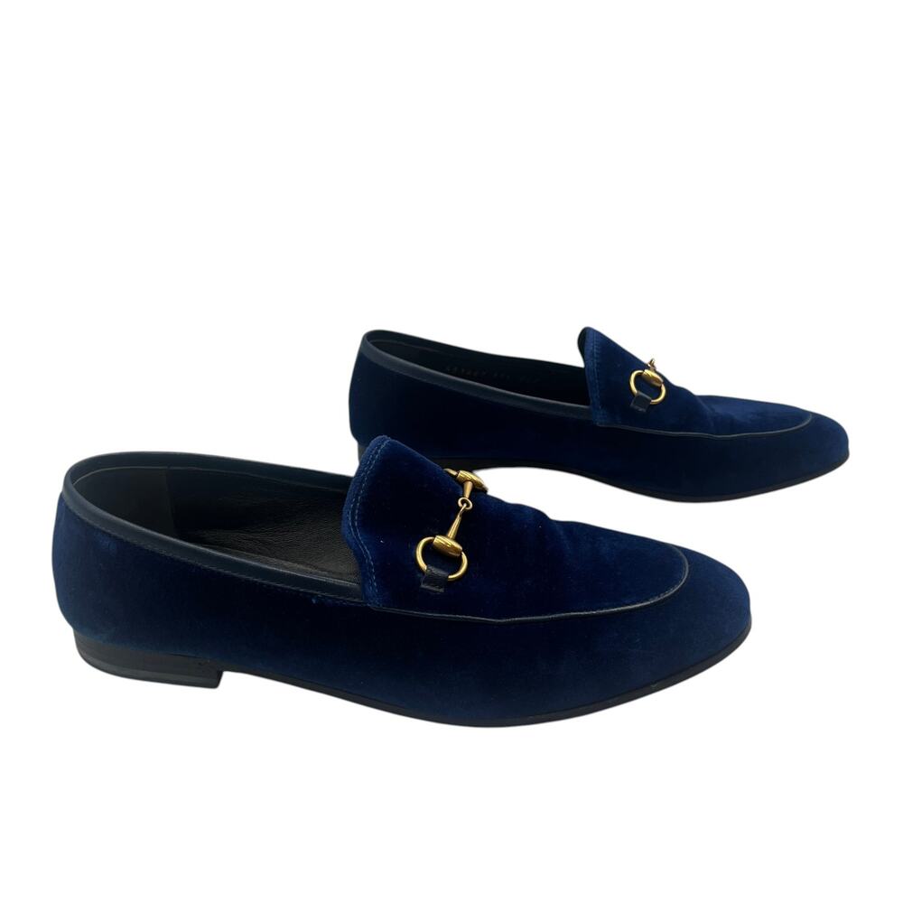 Gucci Loafers Shoes Moccasin Jordaan Velvet Horsebit Flat Slip On Blue Size 37.5